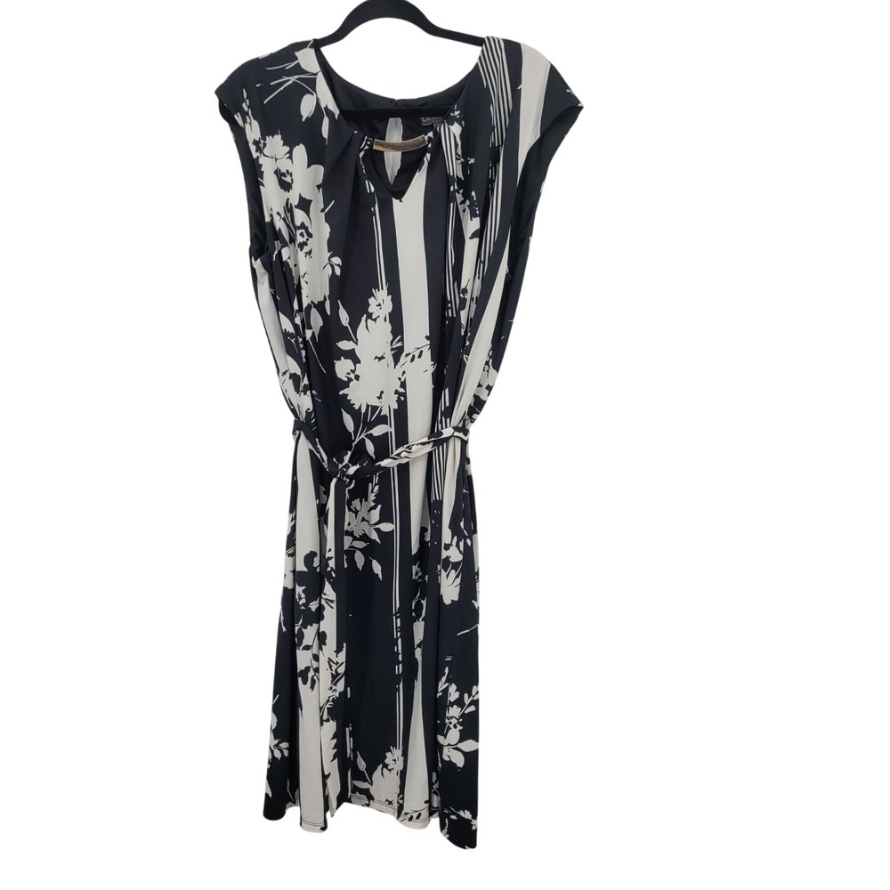 Luxology Womens Sleeveless Belted‎ Midi Dress Sz 2X Black White Floral Stretch
